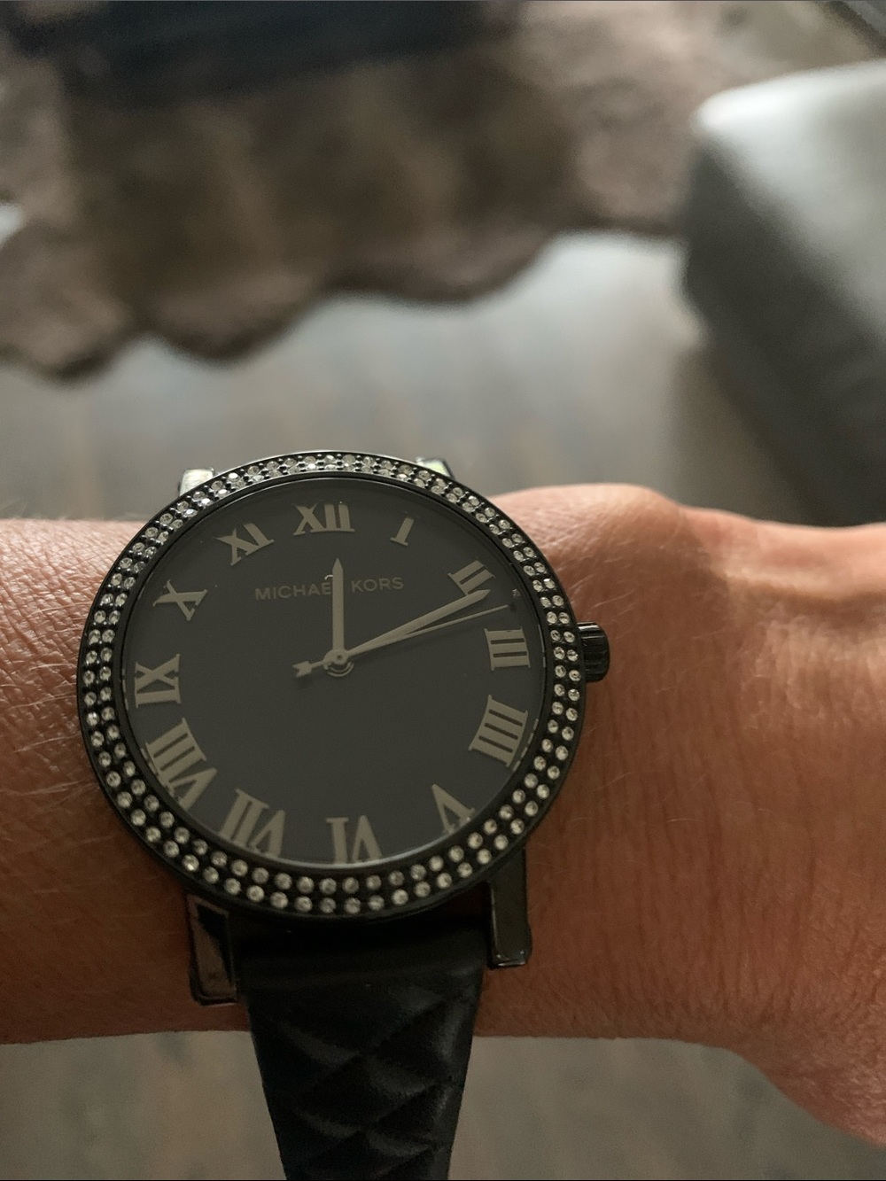 Michael Kors Black Quilted Leather Strap Watch with Crystal Accents